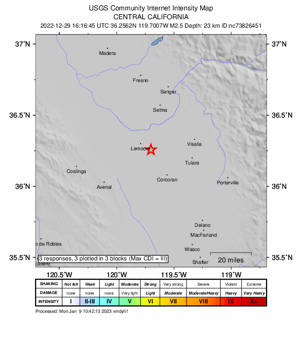 USGS DYFI community-reported intensity map for the M2.5 earthquake near 6km S of Armona, CA