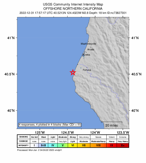 USGS DYFI community-reported intensity map for the M2.8 earthquake near 13km WSW of Ferndale, CA