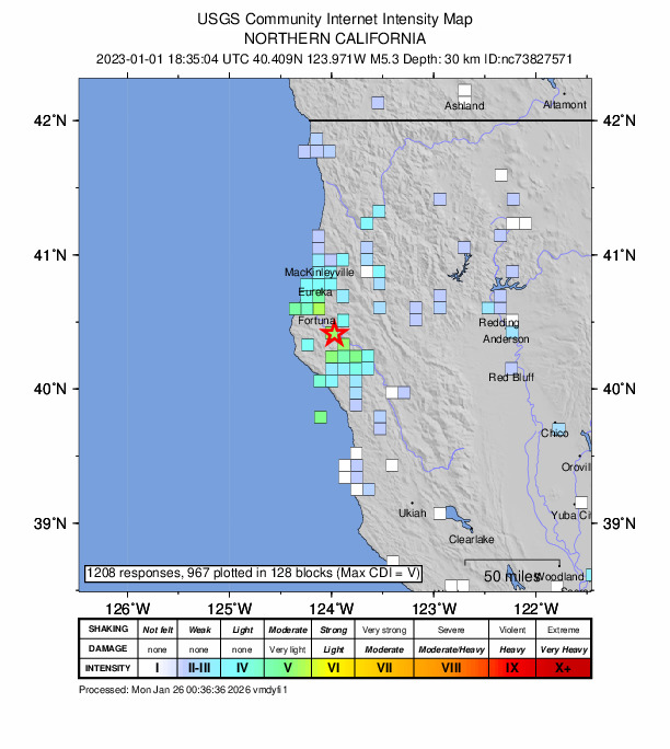 USGS DYFI community-reported intensity map for the M5.3 earthquake near 15km SE of Rio Dell, CA