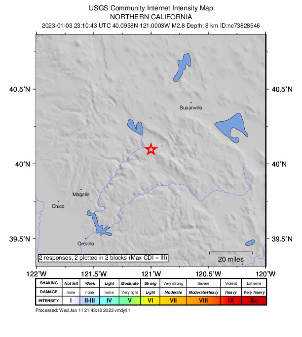 USGS DYFI community-reported intensity map for the M2.8 earthquake near 5km NNW of Indian Falls, CA