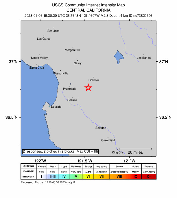 USGS DYFI community-reported intensity map for the M2.3 earthquake near 10km WSW of Ridgemark, CA
