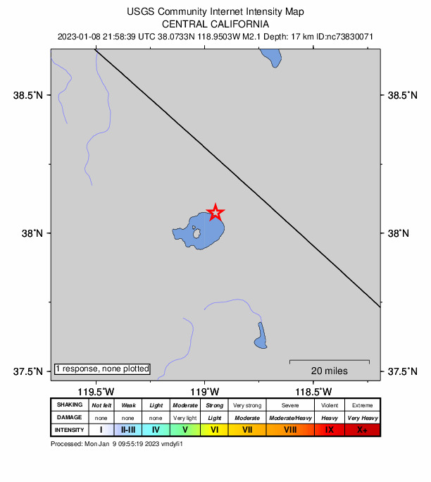USGS DYFI community-reported intensity map for the M2.1 earthquake near 16km SSE of Bodie, CA