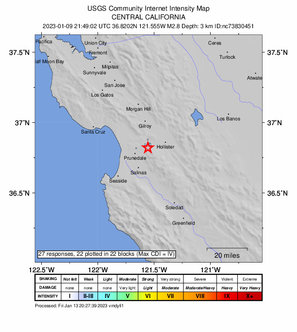 USGS DYFI community-reported intensity map for the M2.8 earthquake near 3km SSW of San Juan Bautista, CA