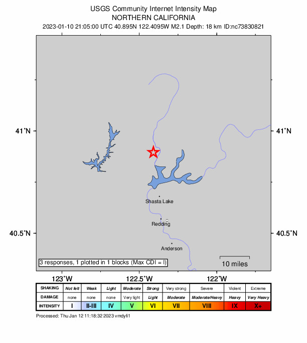 USGS DYFI community-reported intensity map for the M2.1 earthquake near 24km N of Shasta Lake, CA