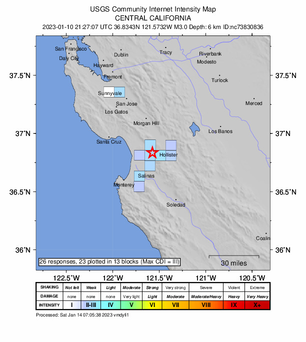 USGS DYFI community-reported intensity map for the M3.0 earthquake near 3km WSW of San Juan Bautista, CA