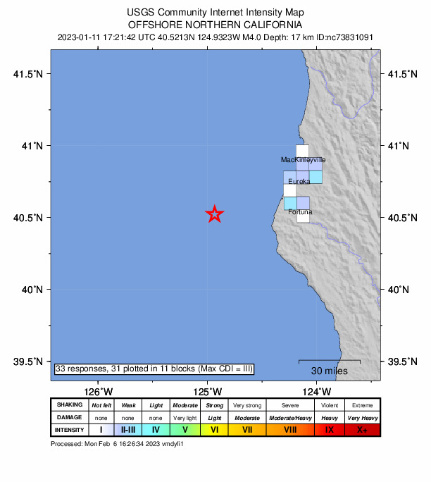 USGS DYFI community-reported intensity map for the M4.0 earthquake near 57km W of Ferndale, CA
