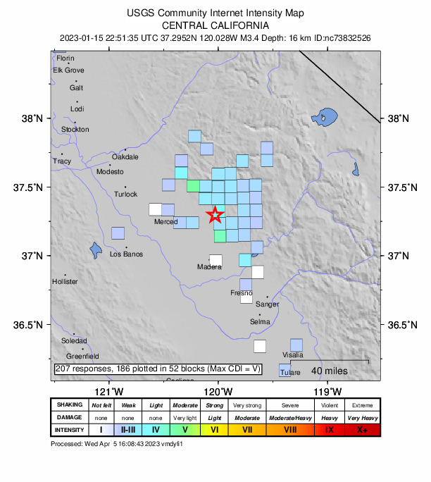 USGS DYFI community-reported intensity map for the M3.4 earthquake near 21km ENE of Le Grand, CA