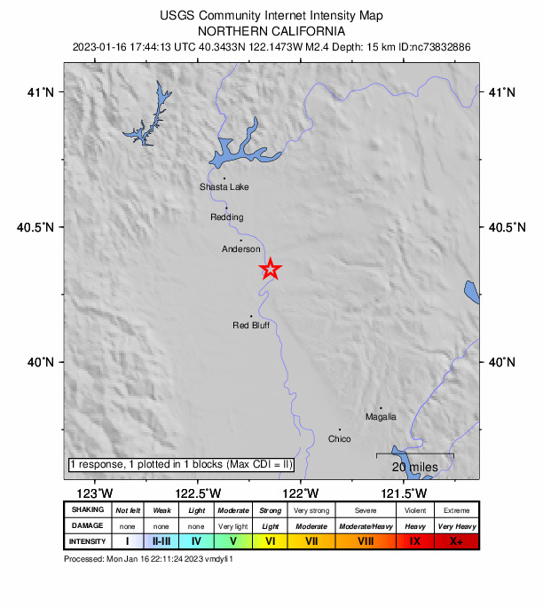 USGS DYFI community-reported intensity map for the M2.4 earthquake near 17km SE of Anderson, CA