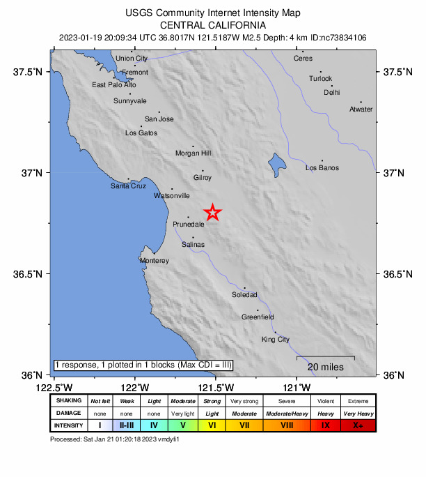 USGS DYFI community-reported intensity map for the M2.5 earthquake near 5km SSE of San Juan Bautista, CA