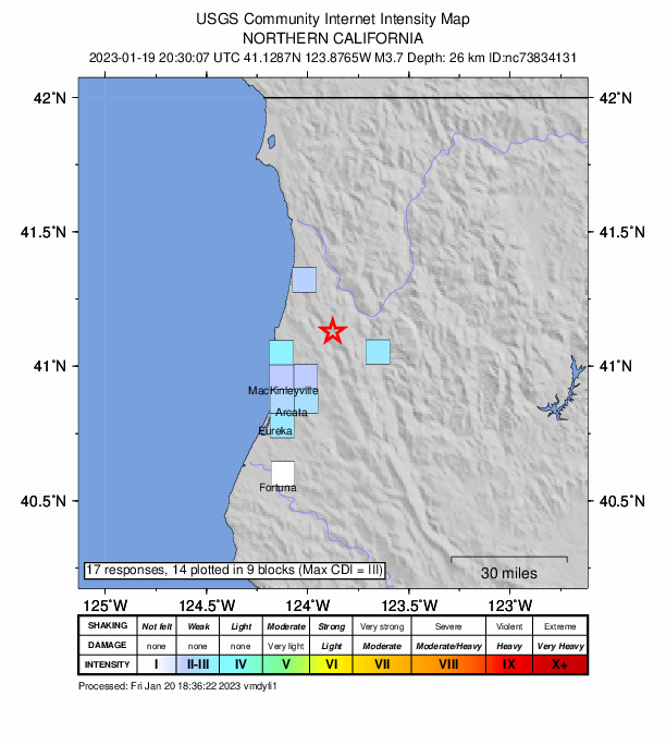 USGS DYFI community-reported intensity map for the M3.7 earthquake near 16km WSW of Weitchpec, CA