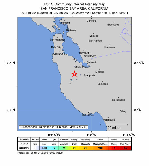 USGS DYFI community-reported intensity map for the M2.3 earthquake near 1km ESE of Portola Valley, CA