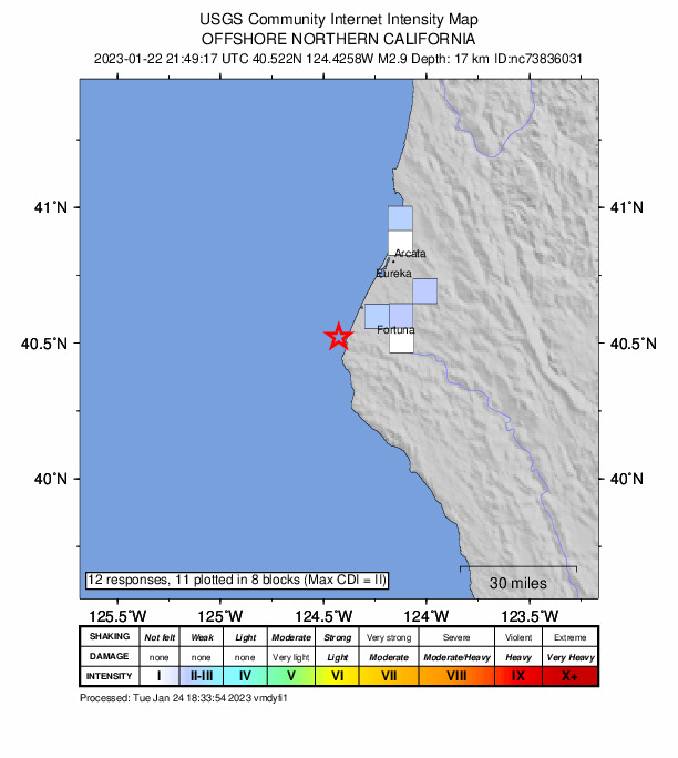 USGS DYFI community-reported intensity map for the M2.9 earthquake near 15km WSW of Ferndale, CA
