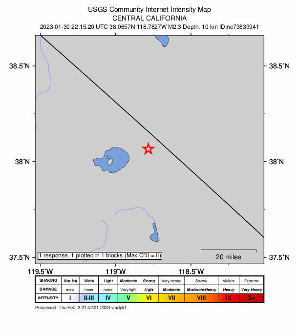 USGS DYFI community-reported intensity map for the M2.3 earthquake near 26km SE of Bodie, CA