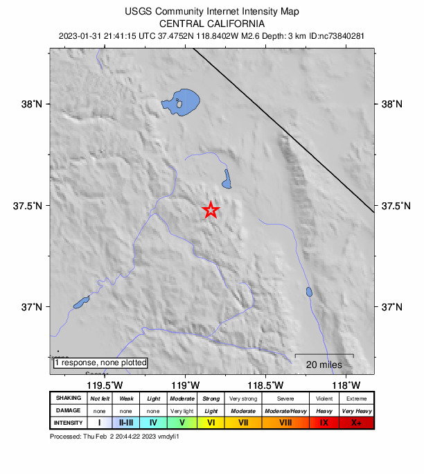 USGS DYFI community-reported intensity map for the M2.6 earthquake near 17km SW of Toms Place, CA