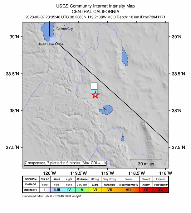 USGS DYFI community-reported intensity map for the M3.0 earthquake near 6km SSE of Bridgeport, CA