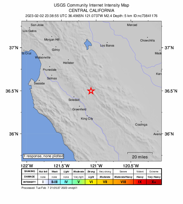 USGS DYFI community-reported intensity map for the M2.4 earthquake near 7km ESE of Pinnacles, CA