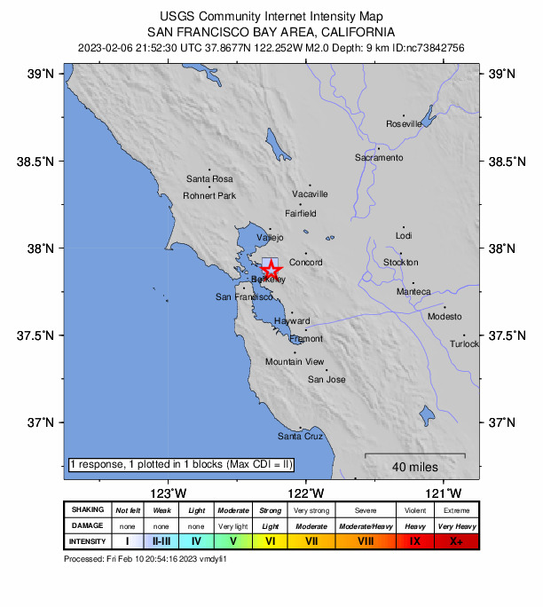 USGS DYFI community-reported intensity map for the M2.0 earthquake near 2km ESE of Berkeley, CA