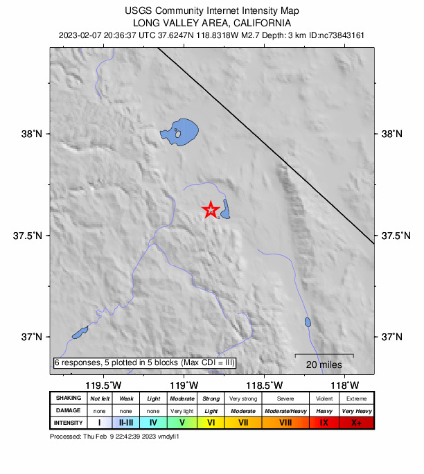 USGS DYFI community-reported intensity map for the M2.7 earthquake near 13km E of Mammoth Lakes, CA