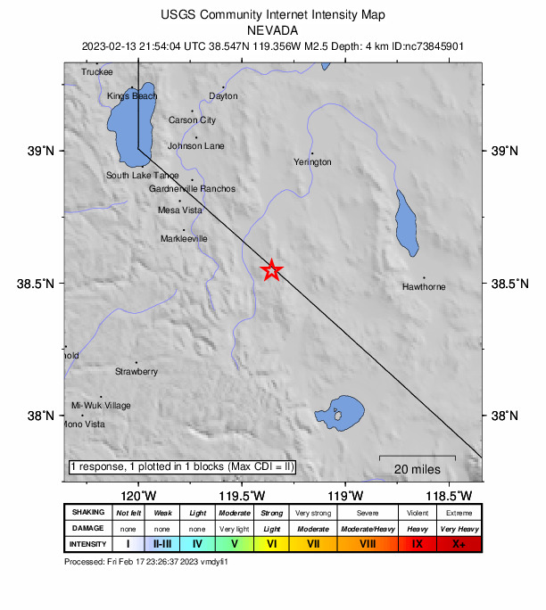 USGS DYFI community-reported intensity map for the M2.5 earthquake near 11km ENE of Walker, CA