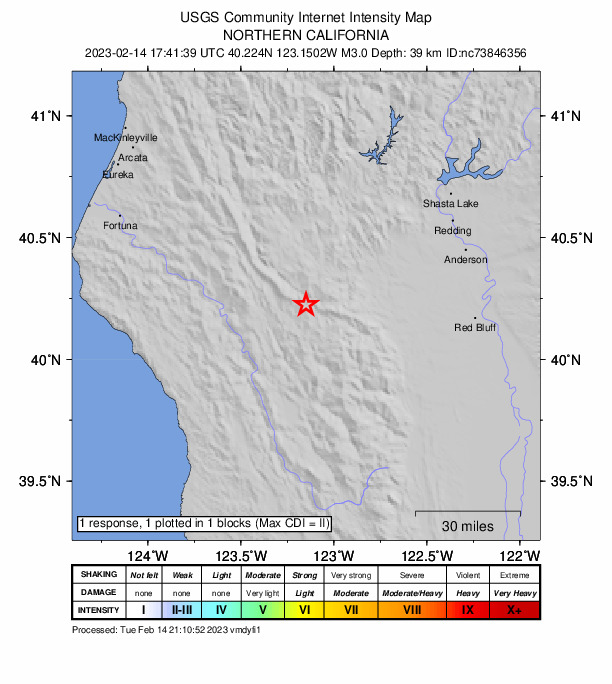 USGS DYFI community-reported intensity map for the M3.0 earthquake near 37 km S of Hayfork, CA