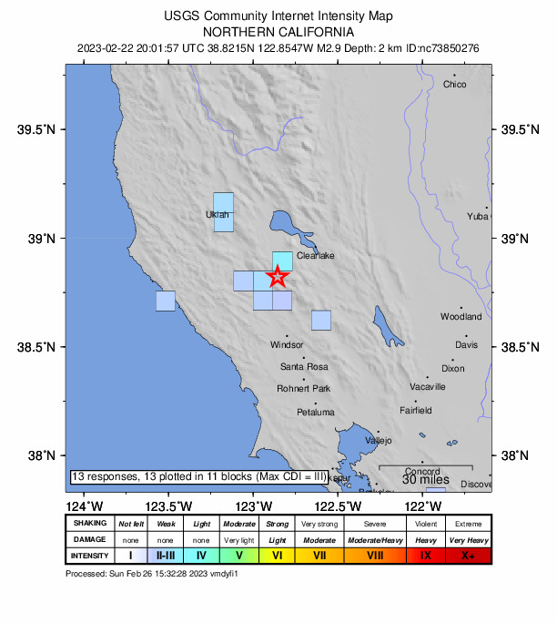 USGS DYFI community-reported intensity map for the M2.9 earthquake near 10km WNW of The Geysers, CA