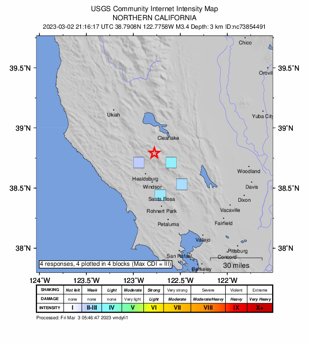 USGS DYFI community-reported intensity map for the M3.4 earthquake near 2km NW of The Geysers, CA