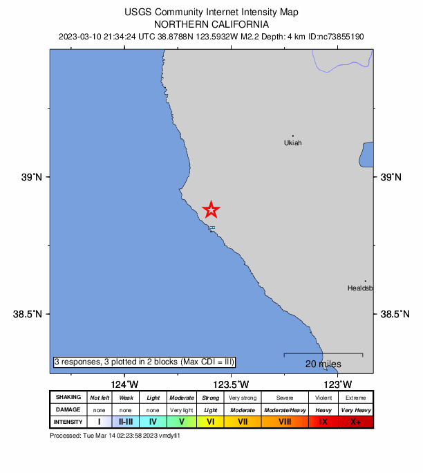 USGS DYFI community-reported intensity map for the M2.3 earthquake near 10km ESE of Point Arena, CA