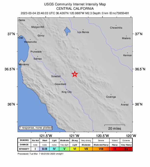 USGS DYFI community-reported intensity map for the M2.3 earthquake near 18km SE of Pinnacles, CA