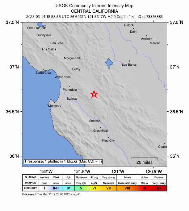 USGS DYFI community-reported intensity map for the M2.9 earthquake near 11km S of Tres Pinos, CA