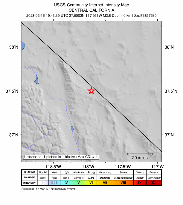 USGS DYFI community-reported intensity map for the M2.6 earthquake near 15km NNE of Deep Springs, CA