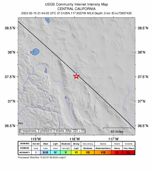 USGS DYFI community-reported intensity map for the M3.8 earthquake near 16km N of Deep Springs, CA