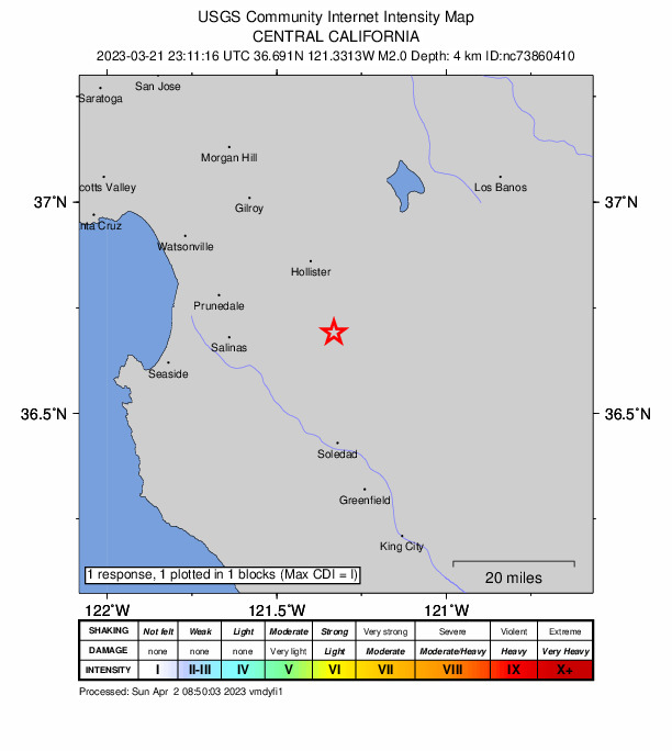 USGS DYFI community-reported intensity map for the M2.0 earthquake near 11km S of Tres Pinos, CA