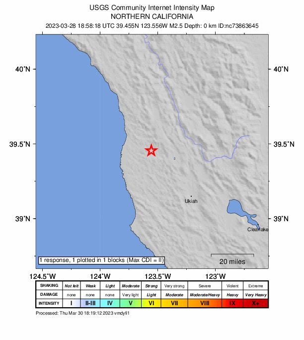 USGS DYFI community-reported intensity map for the M2.5 earthquake near 15km W of Brooktrails, CA