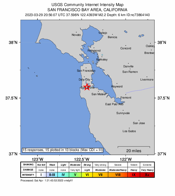 USGS DYFI community-reported intensity map for the M2.2 earthquake near 4km SW of San Bruno, CA