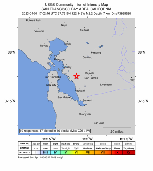 USGS DYFI community-reported intensity map for the M2.2 earthquake near 3km NNE of San Leandro, CA