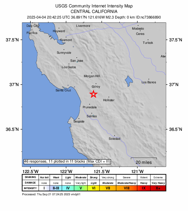USGS DYFI community-reported intensity map for the M2.3 earthquake near 2km E of Aromas, CA