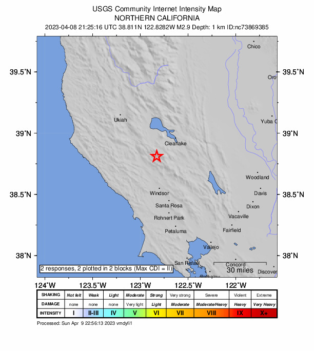 USGS DYFI community-reported intensity map for the M2.9 earthquake near 7km WNW of The Geysers, CA