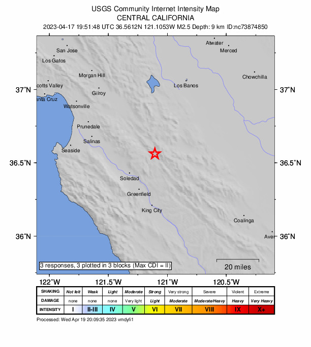 USGS DYFI community-reported intensity map for the M2.5 earthquake near 5km NE of Pinnacles, CA