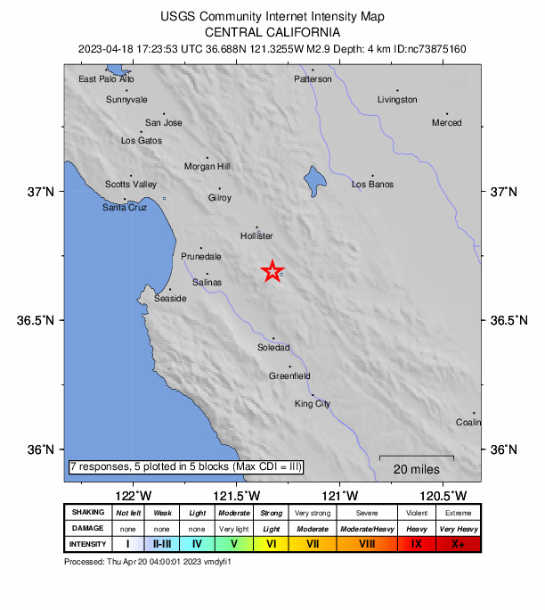 USGS DYFI community-reported intensity map for the M2.9 earthquake near 11km S of Tres Pinos, CA