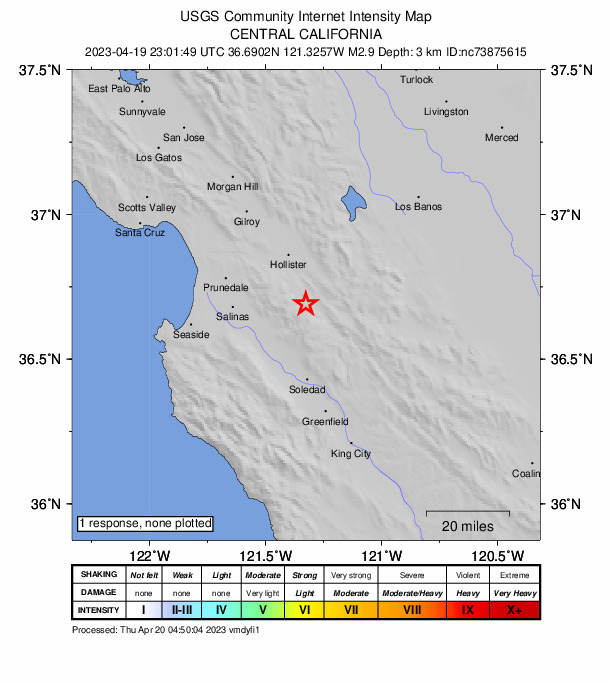 USGS DYFI community-reported intensity map for the M2.9 earthquake near 11km S of Tres Pinos, CA