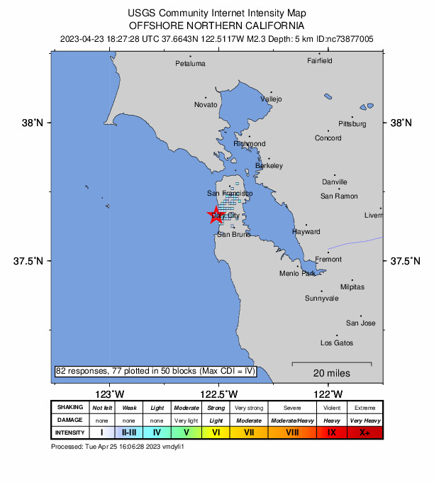 USGS DYFI community-reported intensity map for the M2.3 earthquake near 5km WSW of Colma, CA