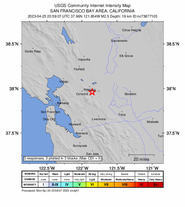 USGS DYFI community-reported intensity map for the M2.5 earthquake near 6km SW of Antioch, CA