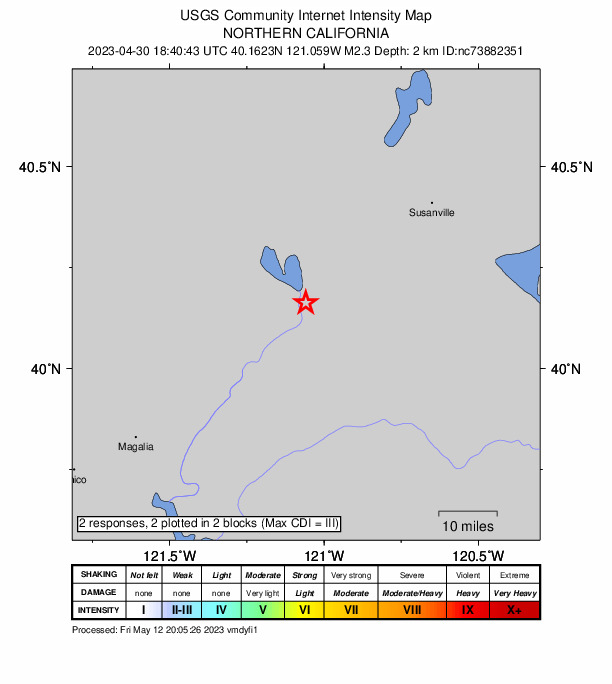 USGS DYFI community-reported intensity map for the M2.3 earthquake near 2km ESE of Canyondam, CA