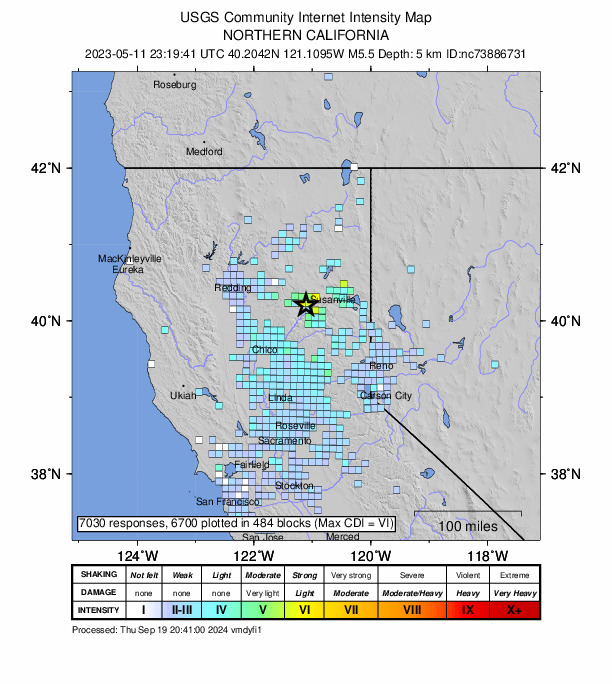 USGS DYFI community-reported intensity map for the M5.5 earthquake near Lake Almanor Earthquake