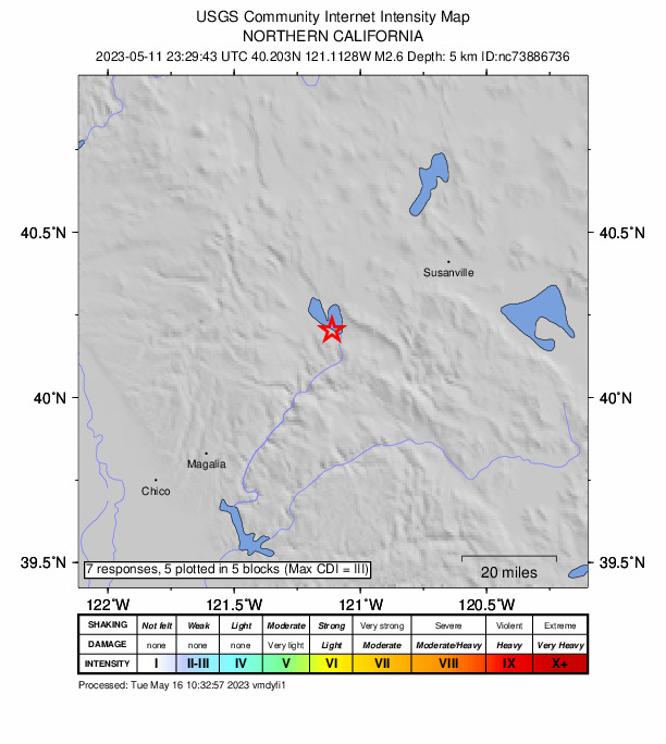 USGS DYFI community-reported intensity map for the M2.6 earthquake near 4km E of Prattville, CA