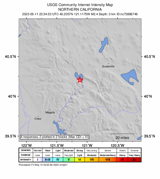 USGS DYFI community-reported intensity map for the M2.4 earthquake near 3km E of Prattville, CA