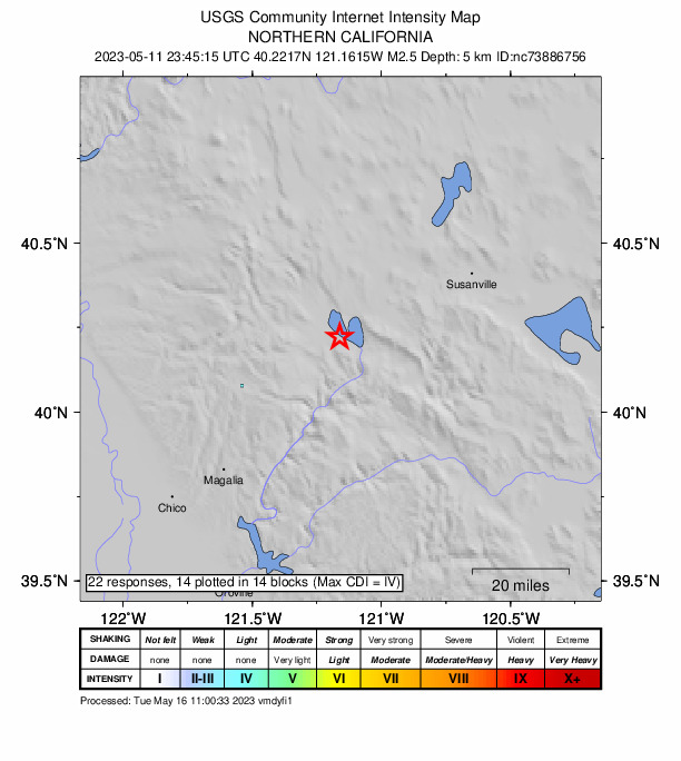 USGS DYFI community-reported intensity map for the M2.5 earthquake near 1km ENE of Almanor, CA