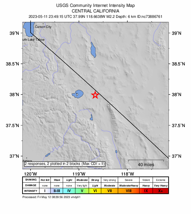 USGS DYFI community-reported intensity map for the M2.2 earthquake near 37km SSW of Qualeys Camp, NV