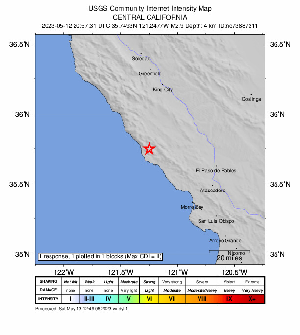 USGS DYFI community-reported intensity map for the M2.9 earthquake near 13km NNW of San Simeon, CA