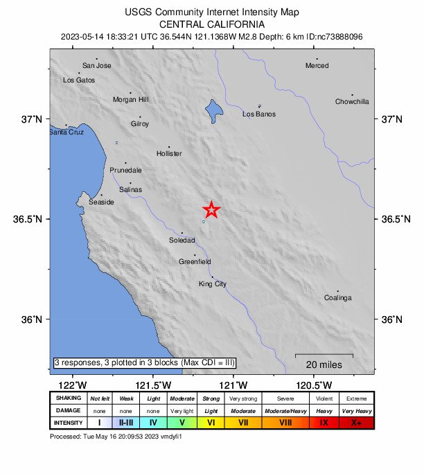 USGS DYFI community-reported intensity map for the M2.8 earthquake near 2km NNE of Pinnacles, CA